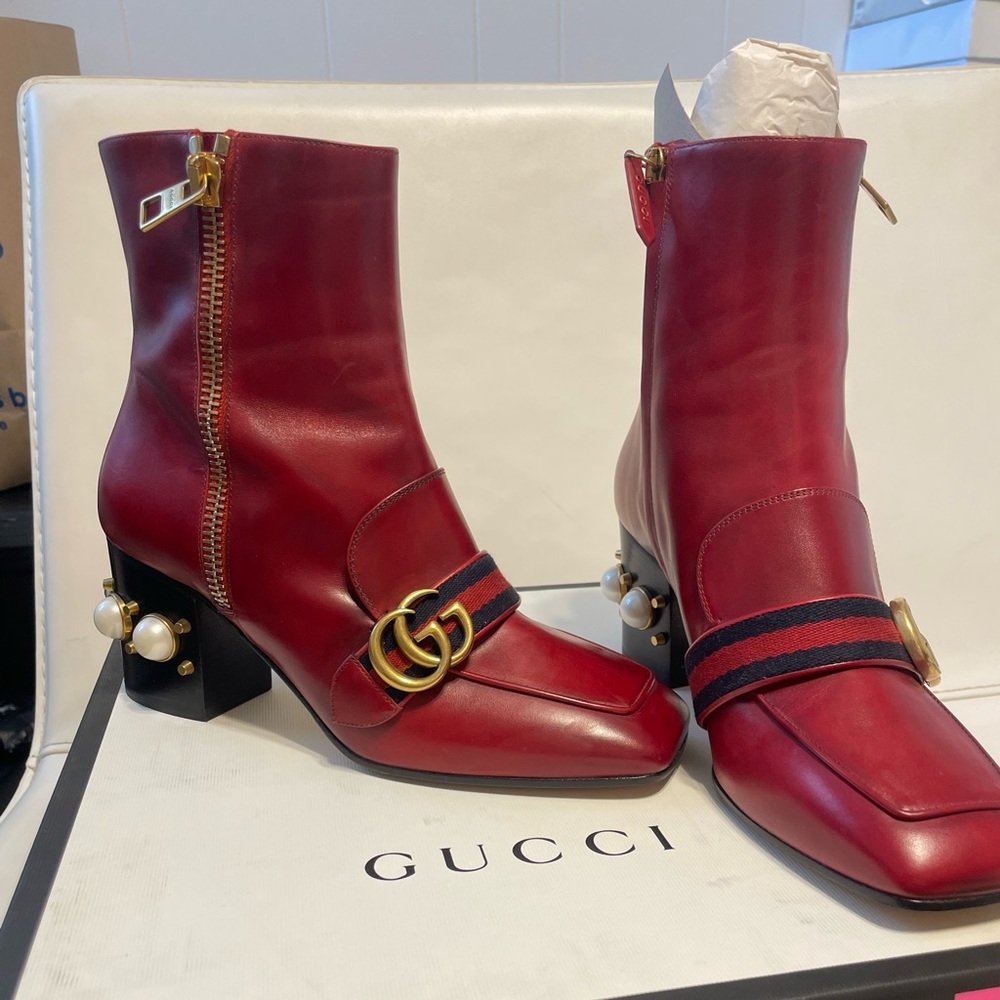 Gucci Red Pearl Embellished Peyton Ankle Boots